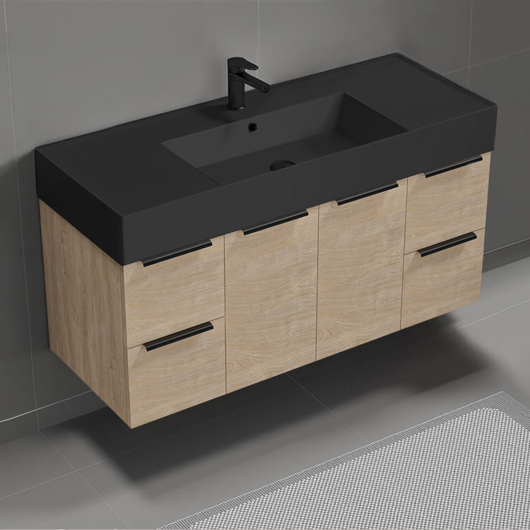 Nameeks DERIN1014 48 Inch Bathroom Vanity With Black Sink, Floating, Brown Oak